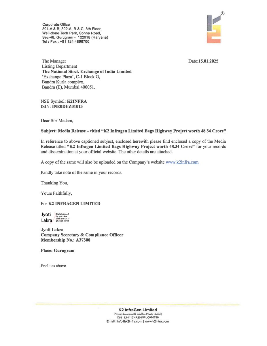 nileshkurhade's tweet photo. 📌 K2 Infragen Limited informed the exchange about securing a highway project worth ₹48.34 crore from NHAI. The project involves strengthening a two-lane road in Uttar Pradesh and is part of the company's expanding sales pipeline, which now exceeds ₹1000 crore. The company aims for sustainable growth over the next three years, with strategic expansions in India and Africa. #SME #K2INFRA 🏗️🚧