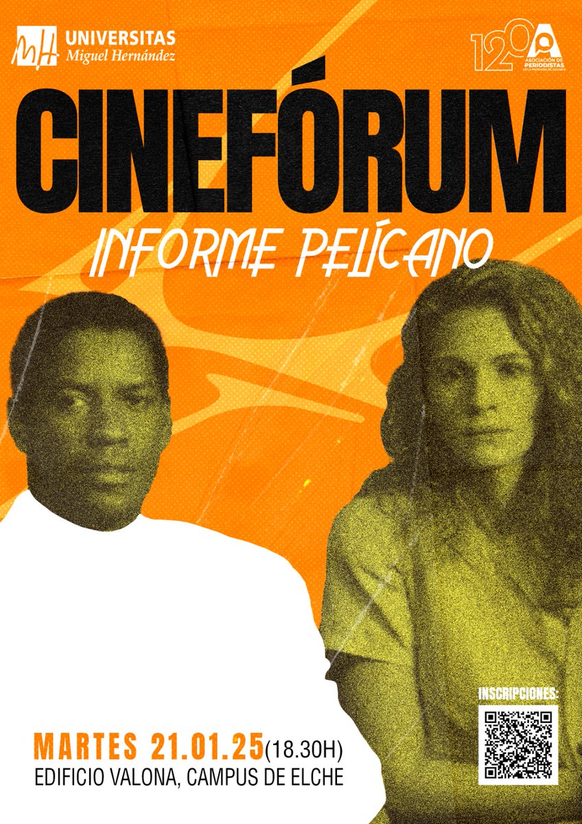 🎥 ¡No te pierdas el cinefórum de Informe Pelícano! 📅 Martes 21/01/25 ⏰ 18:30 h 📍 Edificio Valona, UMH Elche. Proyección + debate sobre ética y periodismo. 🎟️ Entrada gratuita, inscríbete escaneando el QR del cartel. ¡Te esperamos!