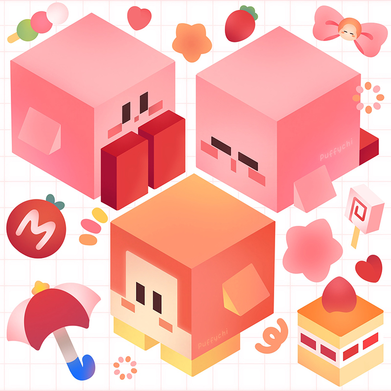 puffychii's tweet photo. kirby and waddle dee if they were in minecraft 🍓🩷 https://t.co/tEEIuhkr2d