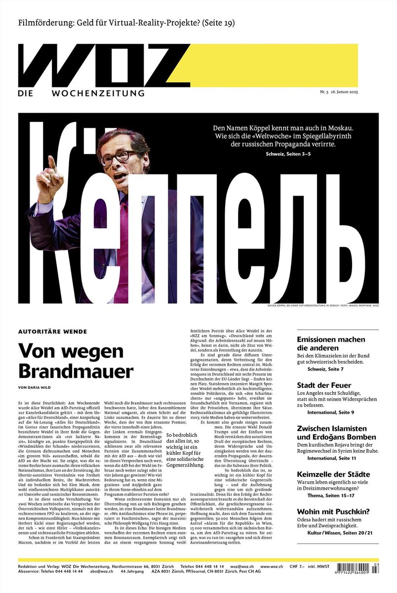 Wie sich Roger Köppels „Weltwoche“ im Spiegellabyrinth der russischen Propaganda verirrte. Unsere Recherche, morgen <a href="/Wochenzeitung/">WOZ</a>.