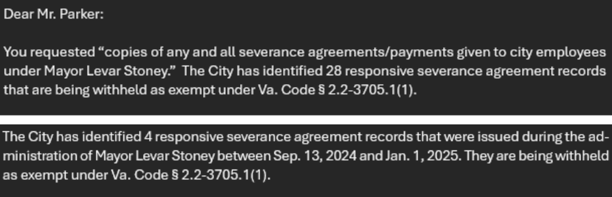 Under Mayor Levar Stoney, the city issued 32 severance packages collectively worth over $950K.

But officials won't disclose documents or answer questions on which employees, specifically, received those severance packages and how much each employee received.