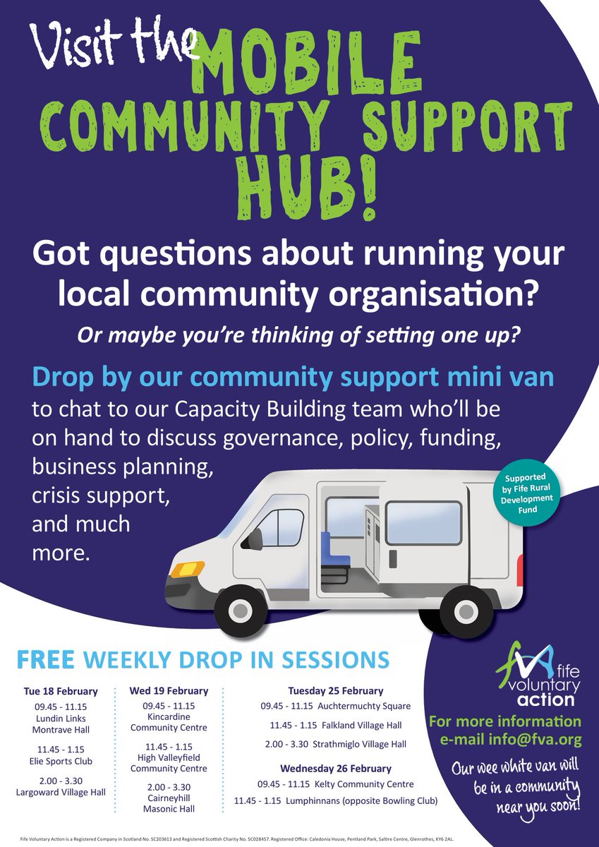 FifeVolAction's tweet image. There are now even more free weekly drop in sessions at our Mobile Community Support Hub!
Our specially equipped van visits locations across Fife and our team assist community groups with the running of their organisation.
fva.org/news.asp?id=20…