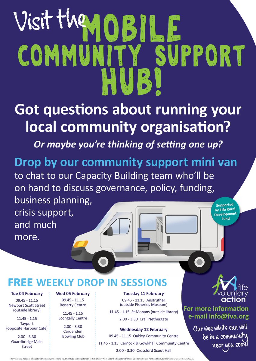 FifeVolAction's tweet image. There are now even more free weekly drop in sessions at our Mobile Community Support Hub!
Our specially equipped van visits locations across Fife and our team assist community groups with the running of their organisation.
fva.org/news.asp?id=20…