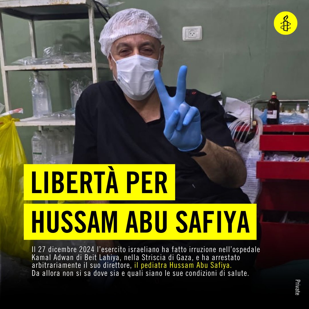 amnestyitalia's tweet image. 🔴Azione urgente! Libertà per il dottor Hussam Abu Safiya. Firma ora: bit.ly/3DXpWsM