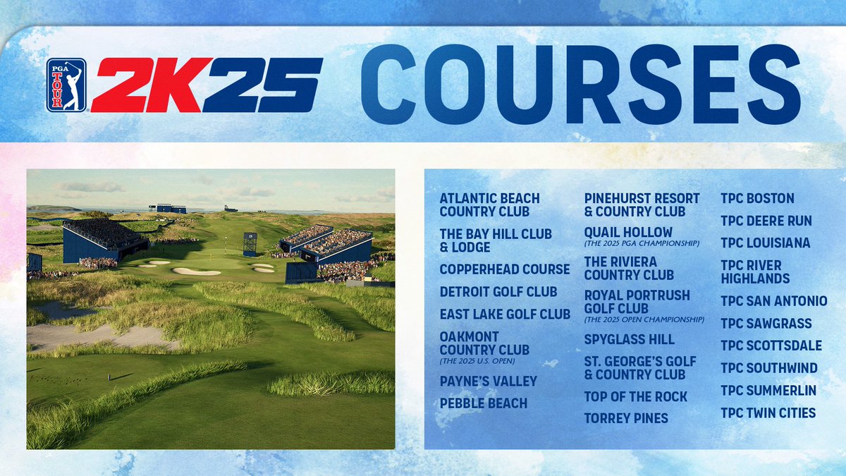 PGATOUR2K's tweet photo. The courses are set, and the green is waiting!

Which one will you play first? 🤔 #PGATOUR2K25 https://t.co/NlTNQ9KqYD