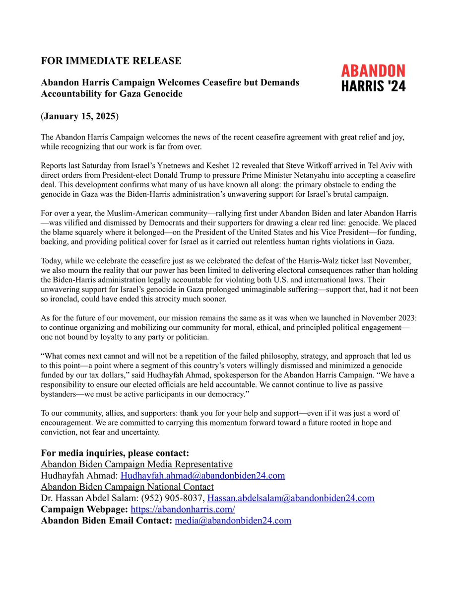 Abandon Harris Campaign Welcomes Ceasefire but Demands Accountability for Gaza Genocide

“This development confirms what many of us have known all along: the primary obstacle to ending the genocide in Gaza was the Biden-Harris administration’s unwavering support for Israel’s