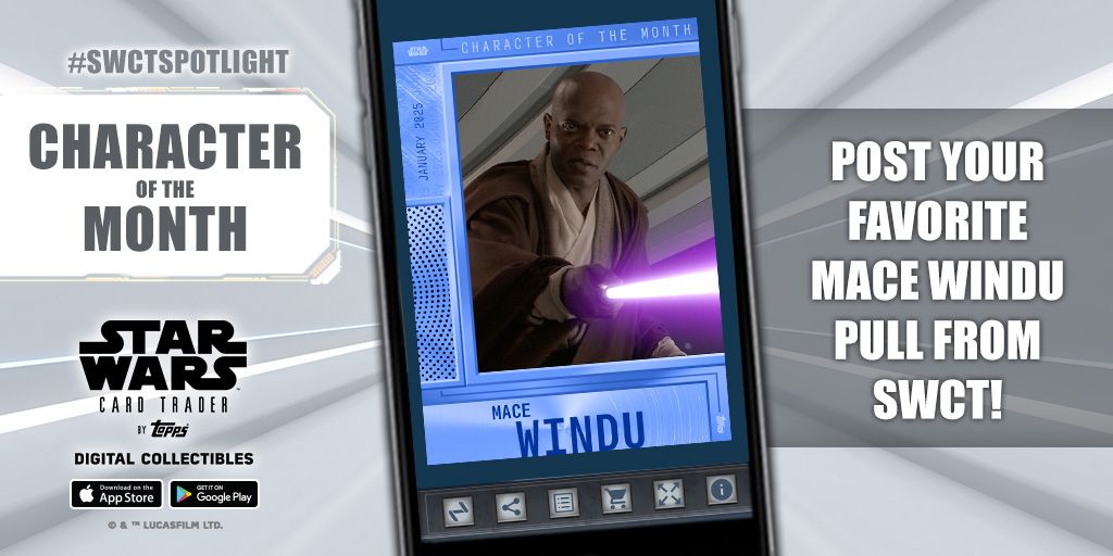 Mace Windu is SWCT’s January Character of the Month! Post your all-time favorite Mace Windu pull from SWCT + your in-app username &amp; #SWCTSpotlight for a chance to win crystals tomorrow!