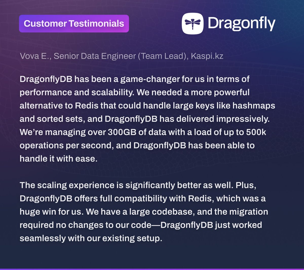 dragonflydbio's tweet image. Our customers call DragonflyDB a game-changer: handling 300GB of data &amp;amp; 500k ops/sec with ease. 🚀 Full Redis compatibility meant zero code changes for seamless migration. Performance + scalability = 🏆. #DatabaseEngineering #DevOps #Redis