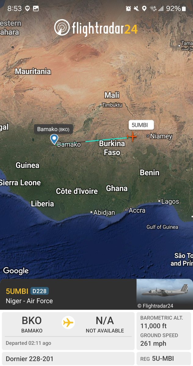 Borrowed7Time's tweet photo. Niger AF Dornier 228-201 5U-MBI #062F0F returning to Niamey from Bamako. Aircraft arrived at 1314z.
@Dinlas3 @WAAT_Band @sipjack1776 @1776Girl2_0 @fabsenbln https://t.co/xTWFecuh3o