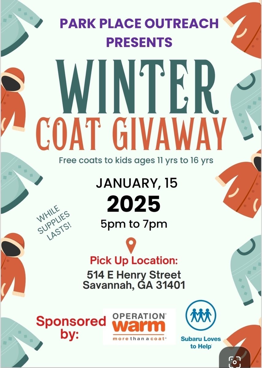 Join Chatham Subaru and Park Place Outreach TONIGHT for Operation Warm 🧥✨ A youth coat drive dedicated to keeping our community warm! Stop by and grab a FREE coat for kids ages 11-16 from 5 PM to 7 PM.

📍514 E Henry St