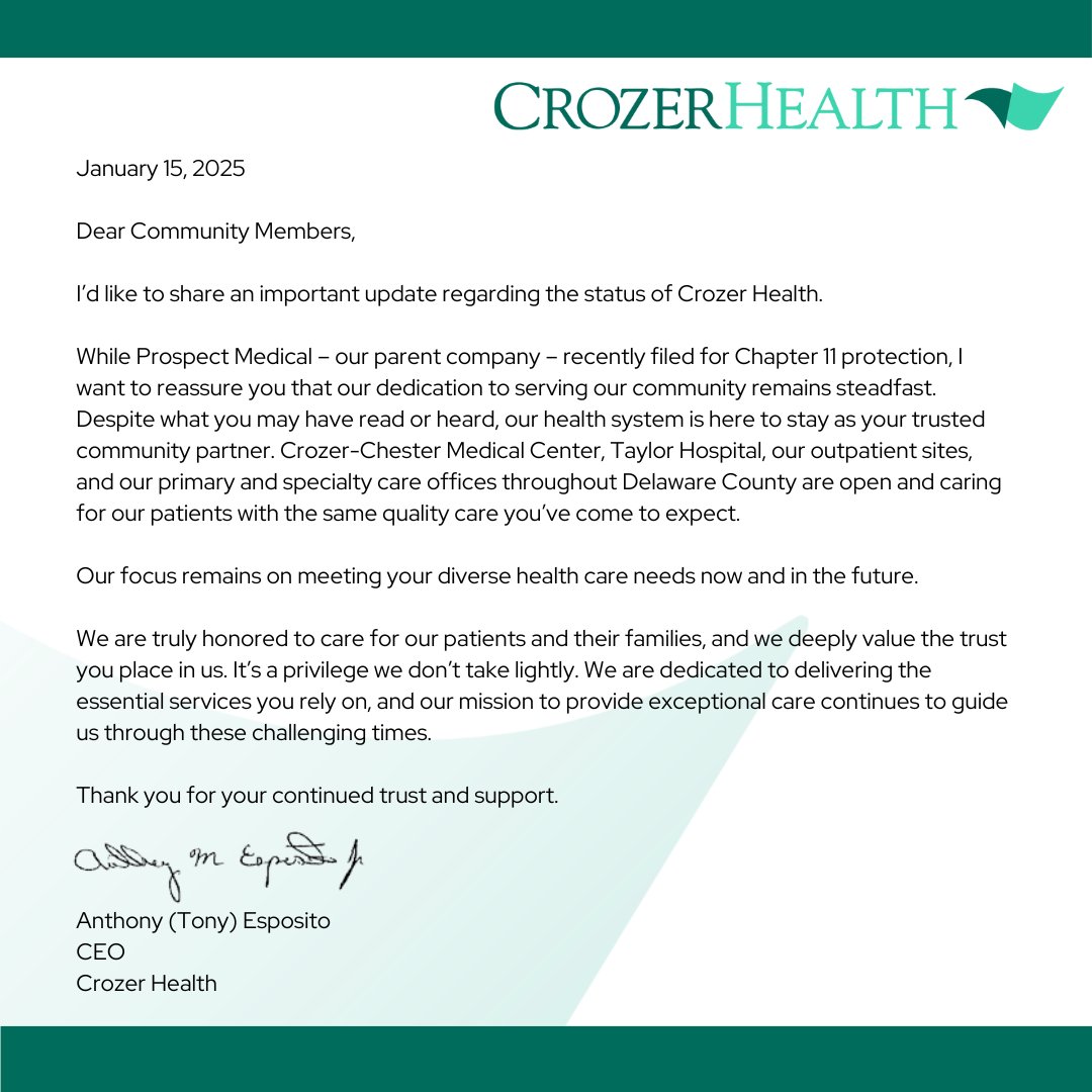 Crozer Health CEO Tony Esposito reaffirms the organization's unwavering commitment to the community, and says the health system will continue providing exceptional patient care well into the future.