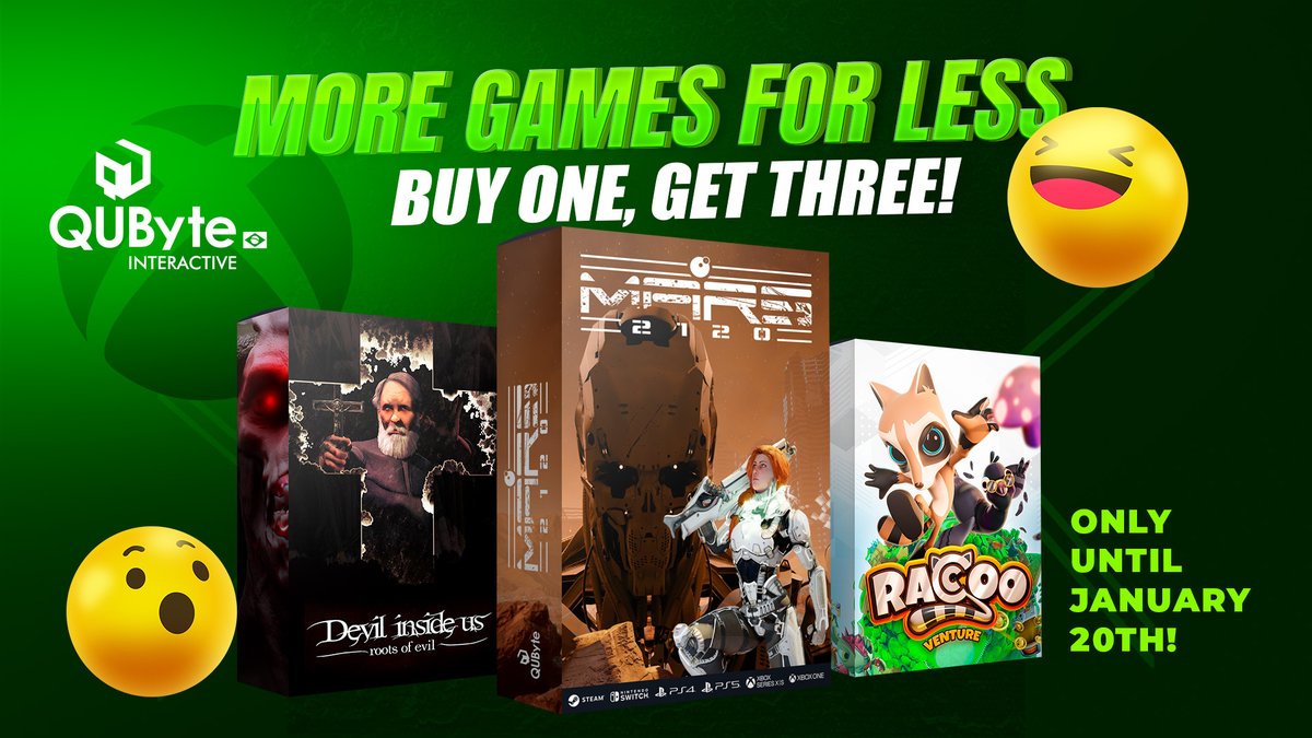 Until January 20, you can buy 1 game and get 2 more for your Xbox! QUByte is participating with the 3D platformer Raccoo Venture, the horror game Devil Inside Us and the metroidvania MARS 2120! Hurry up and get yours!
#Xbox #Gaming
