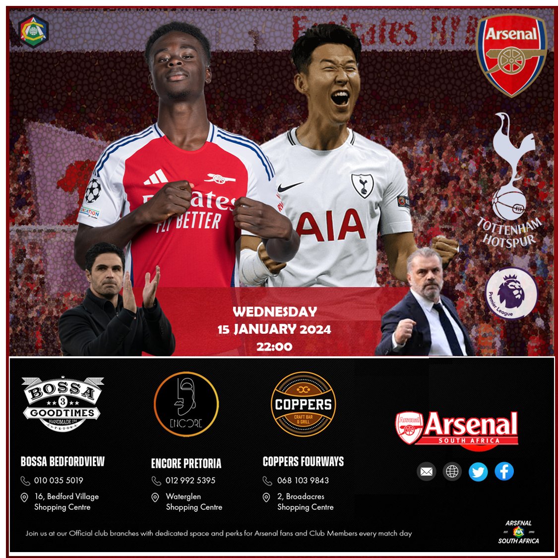 It's Match Day...it's a big one as we host the NORTH LONDON DERBY!!

Don't forget to catch the game at the following Arsenal South Africa  official branches to show support for the Arsenal 

Coppers Craft Bar and Grill 
Bossa Bedfordview 
Encore Menlyn 

#coyg #arsenal #arsenalsa