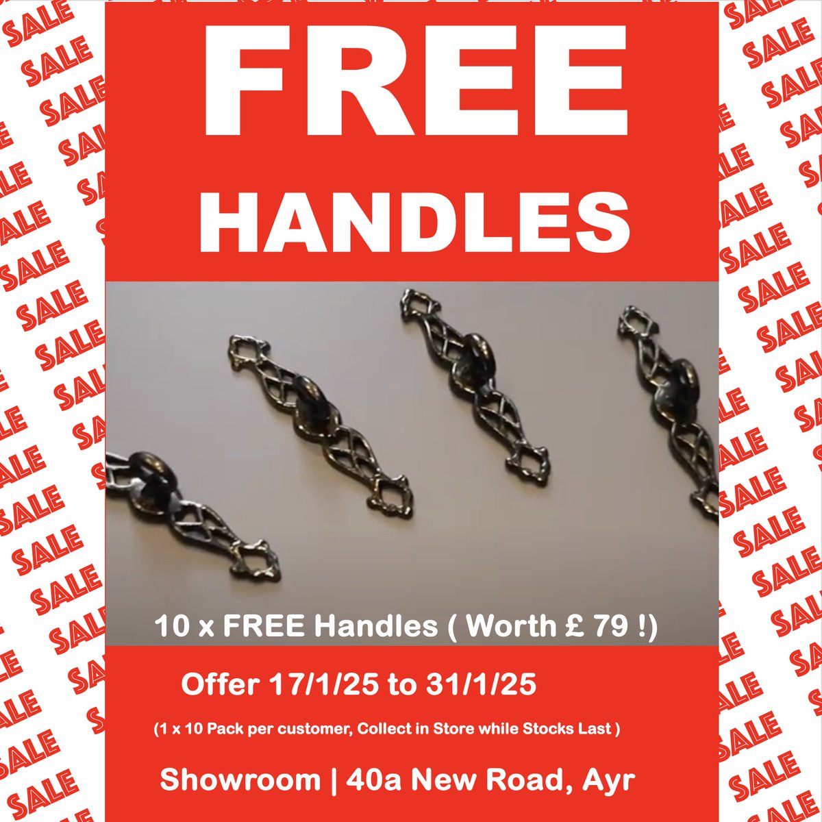 January Sale - FREE Handles, Just Collect in Store while stocks Last. #FREE #freestuff #freehandles #handles #kitchenhandles #kitchendoorhandles #asnukitchens #aye #ayrshire