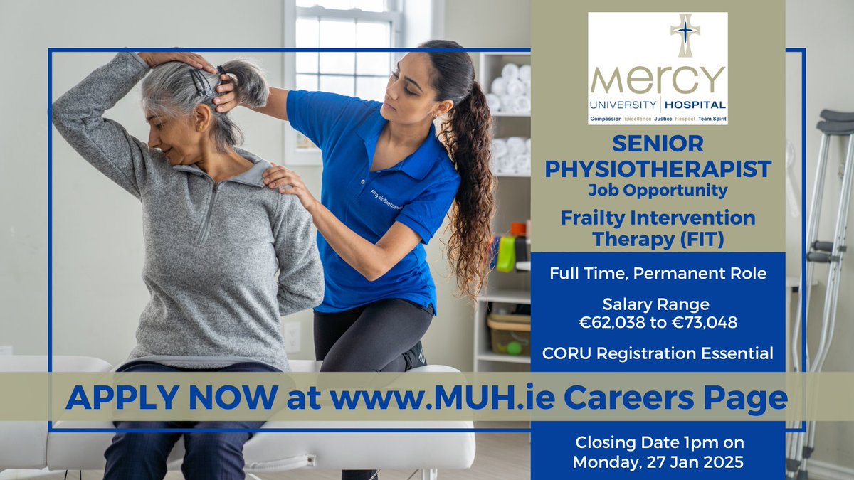 Deirdre O'Riordan (@deeoriordan8) on Twitter photo 👍#SeniorPhysiotherapist in Frailty Intervention Therapy (#FIT) job opportunity with <a href="/Mercycork/">Mercy University Hospital Cork</a>!
Perm, FT role delivering care to older adults in the ED.
#CORU reg required (or eligible for same).
Details: api.occupop.com/shared/job/sen…
#HSEjobs #NHSJobs #MercyUniversityHospital 👍#SeniorPhysiotherapist in Frailty Intervention Therapy (#FIT) job opportunity with <a href="/Mercycork/">Mercy University Hospital Cork</a>!
Perm, FT role delivering care to older adults in the ED.
#CORU reg required (or eligible for same).
Details: api.occupop.com/shared/job/sen…
#HSEjobs #NHSJobs #MercyUniversityHospital