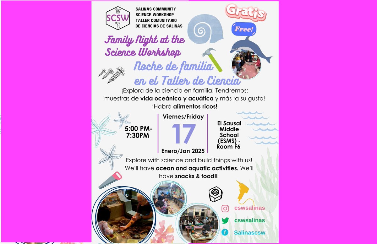 Another Science Workshop Family Night coming up this Friday, 5:00 to 7:30!  Come one and all
Otra Noche de Familia en el Taller de Ciencia este viernes 5:00 a 7:30! ¡Tod@s son bienvenid@s!
