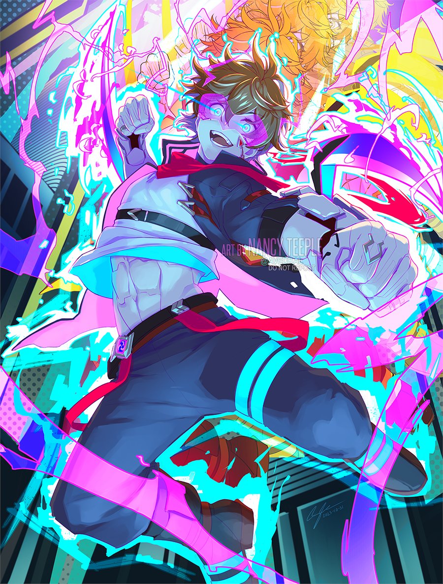 avedral's tweet image. "CyberDelusion" ⚡️
Circuit Noir (@gicyberpunkzine) Leftover Sales are open!

I finally get to show off this piece! All the bright colors and making that sandevistan effect work were a challenge, but I had a lot of fun putting this together.
#genshinimpact #tartaglia #タルタリヤ