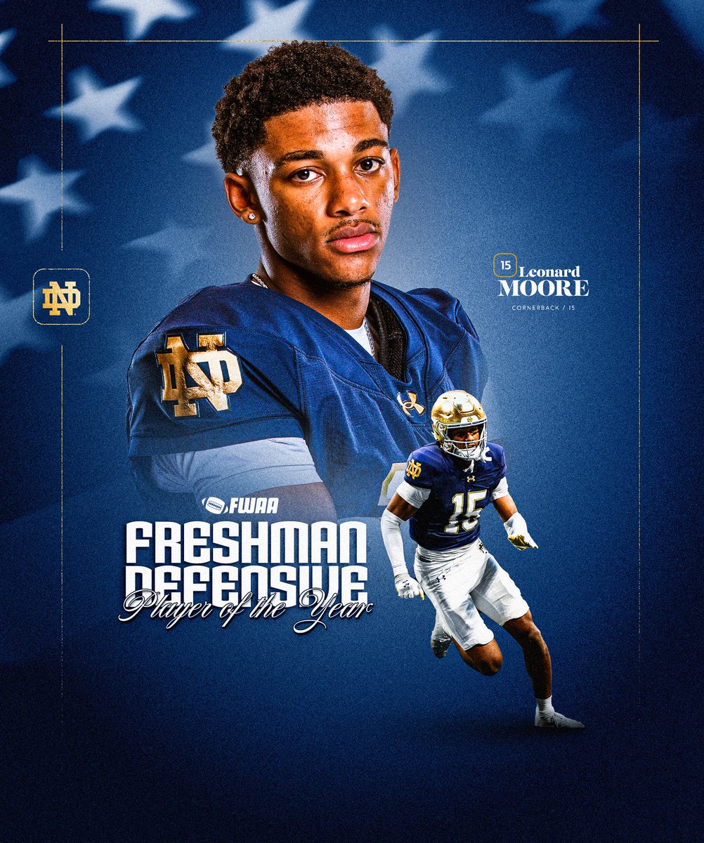 1️⃣5️⃣

Congratulations to Leonard Moore on being named FWAA Freshman Defensive Player of the Year 

#GoIrish