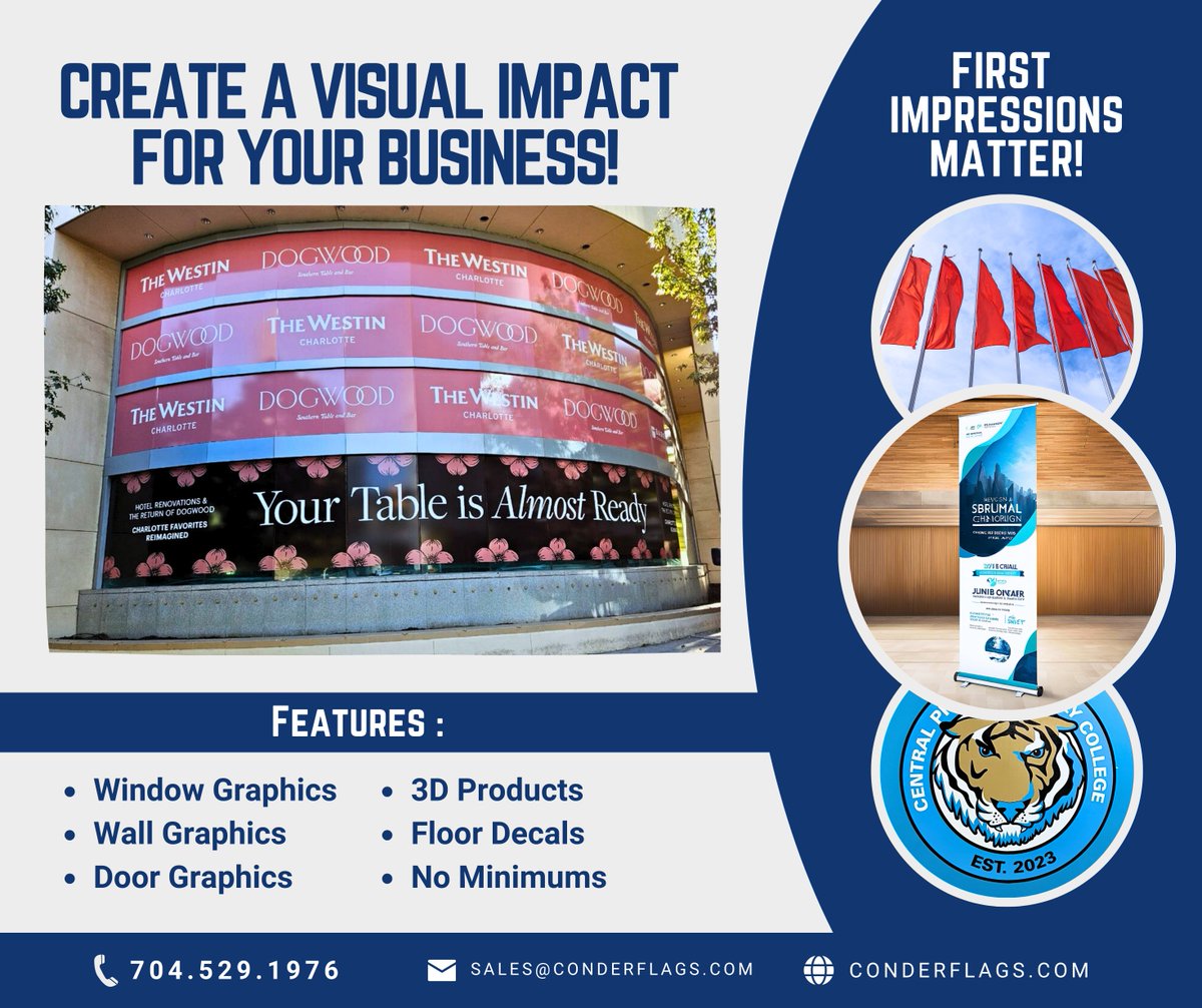 ConderFlag's tweet image. As a business, first impressions matter!
The Westin Charlotte
#windowgraphics #wallgraphics #doorgraphics #3Dproducts #floordecals #nominimums #inhousegraphics #retractablebanners #customgraphics #custombanners #customflags #custom #CustomerEngagement #growyourbusiness