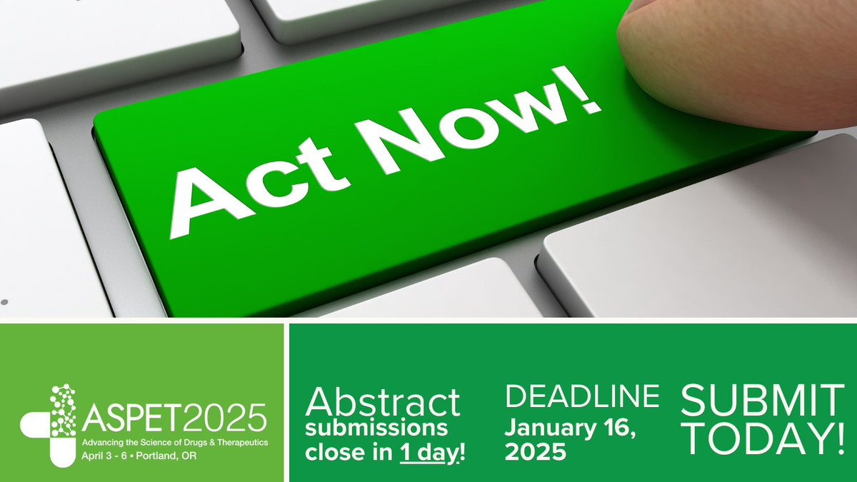 ASPET's tweet photo. Act now! Abstract submissions for #ASPET2025 close tomorrow on January 16, 2025, so submit your abstract today! Take advantage of this opportunity to share your science with the pharmacology community. Start your submission: https://t.co/XTvisLKDst #pharmacology https://t.co/IOlVmV1mad