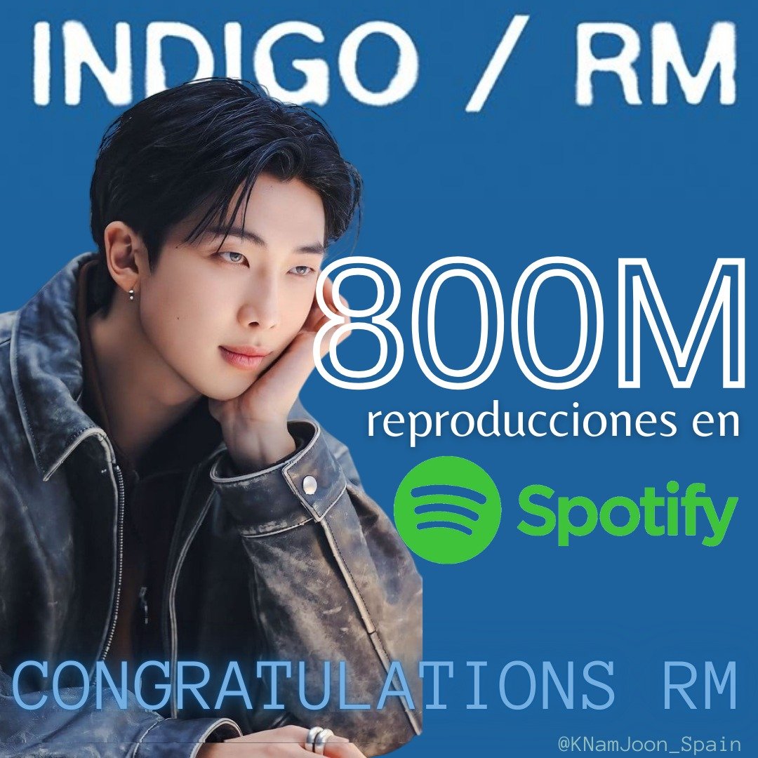 KNamJoon_Spain's tweet photo. 📈 250115 - Spotify

💙 INDIGO de RM ha superado los 800M de reproducciones en Spotify

🥳 Es su primer álbum con este logro 🥳

CONGRATULATIONS RM 
INDIGO 800M ON SPOTIFY
800M SHADES OF INDIGO
#800M_for_Indigo_by_RM 
#BTSRM #방탄소년단RM @BTS_twt https://t.co/jPHOmkehry