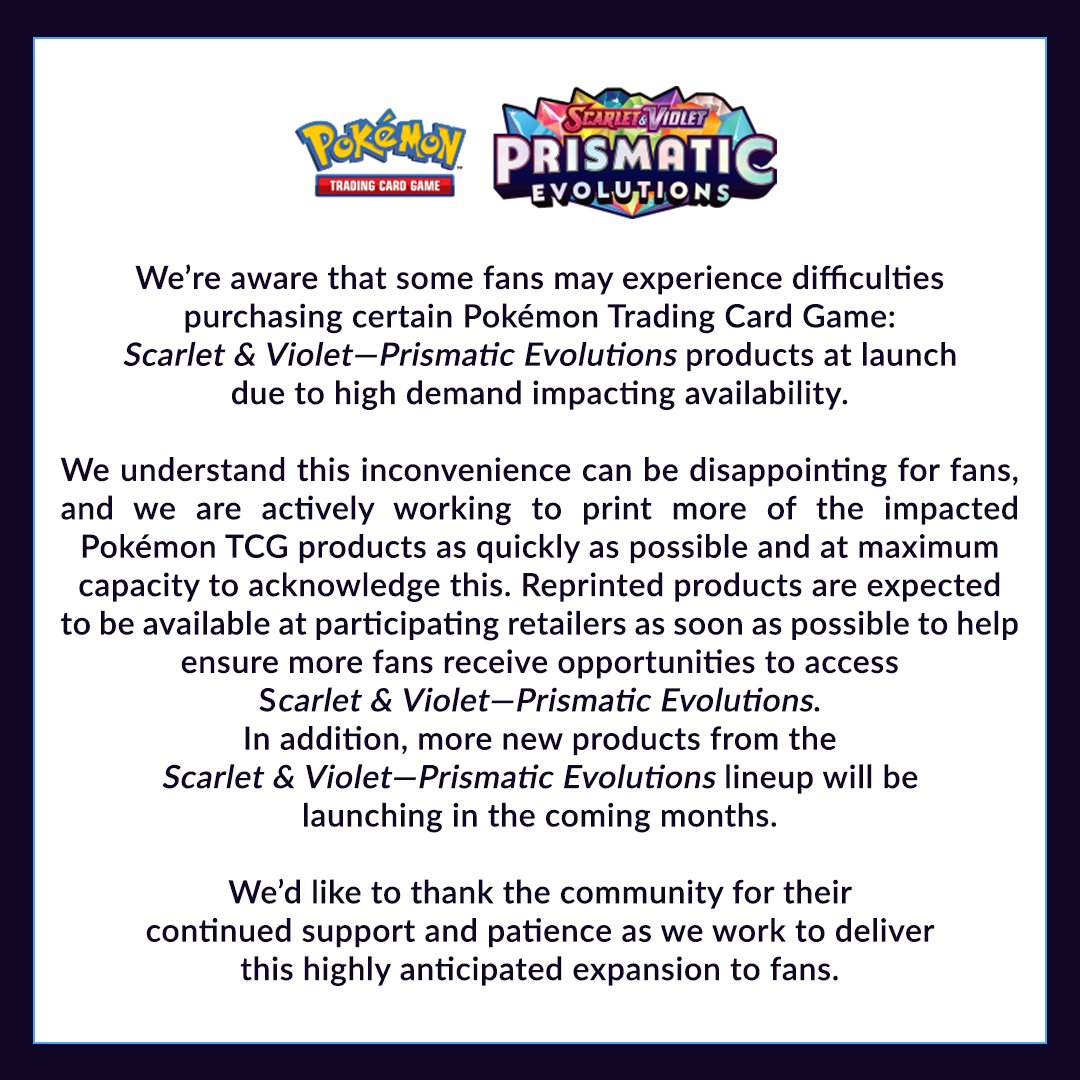 PokemonDealsTCG's tweet photo. Pokémon Confirms More Prismatic Evolutions Prints!✨️

#Pokemon #PokemonTCG https://t.co/bAuERs2crX