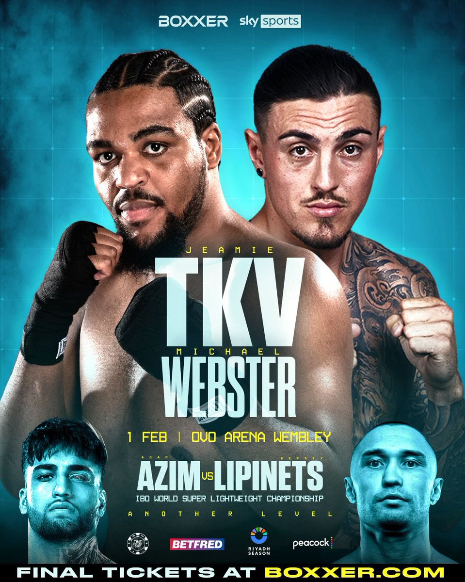 boxxer's tweet image. Your updated card for 𝘼𝙉𝙊𝙏𝙃𝙀𝙍 𝙇𝙀𝙑𝙀𝙇 📋🔥

A loaded undercard featuring the explosive @JeamieTkvBoxing, the undefeated Joel Kodua plus the returns of @LucasRoehrig, Alfie Clegg and Garan Croft 💥 

Tickets at BOXXER.com 🎟️🎥

#AzimLipinets | Feb 1 | OVO…