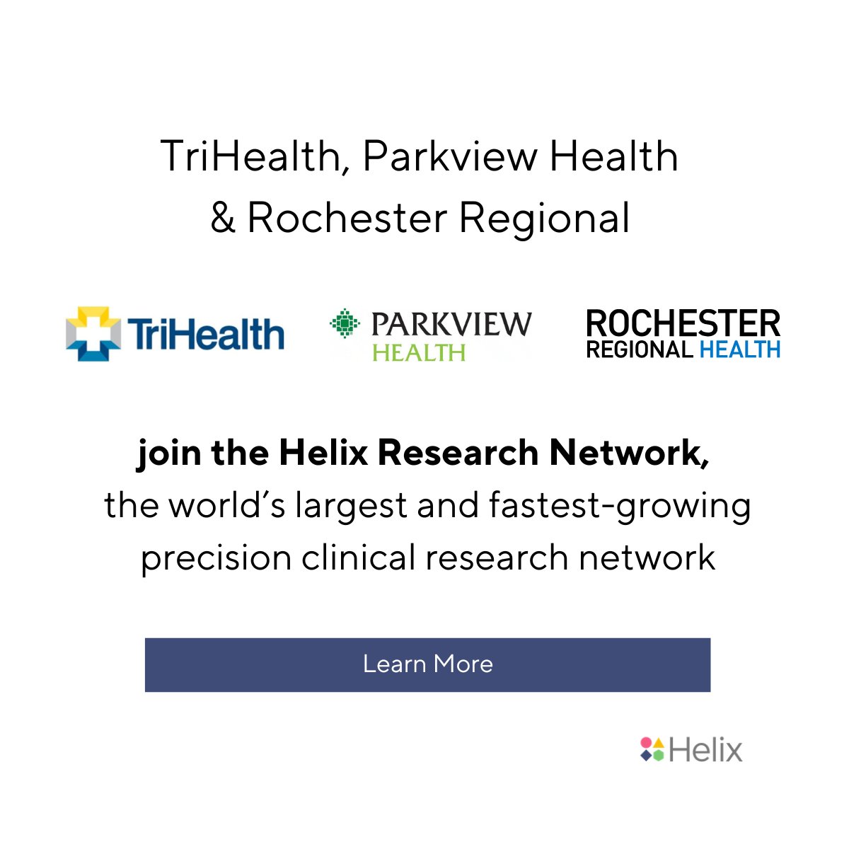 #InTheNews: Welcome <a href="/TriHealth/">TriHealth</a>, <a href="/ParkviewHealth/">Parkview Health</a> &amp; <a href="/ROCRegional/">Rochester Regional Health</a> to the Helix Research Network! Together, we’re adding 300K participants to the world's largest and fastest-growing clinical research network to drive early detection and prevention. bit.ly/4ahzniG