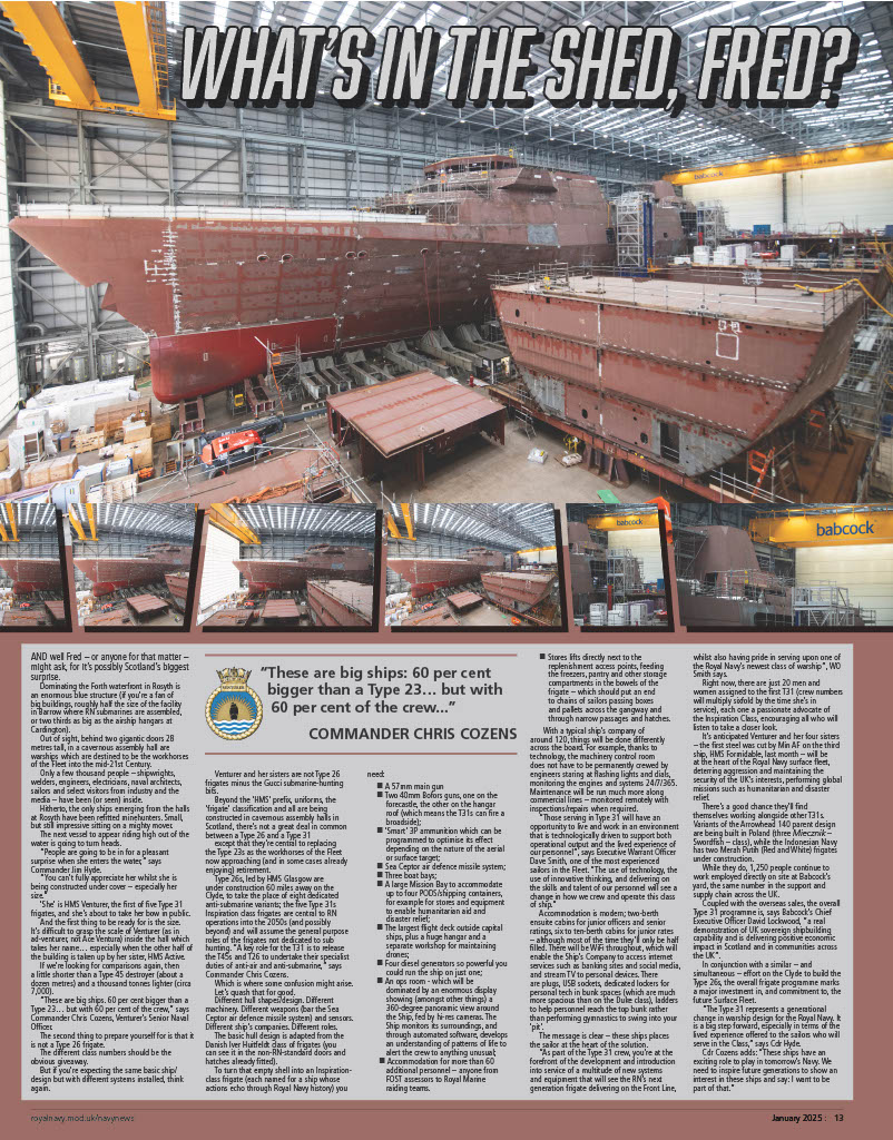 HMSVenturerRN's tweet image. Shining a spotlight on Type 31 and taking a look inside the build hall in January's edition of the much-loved @navy_news. #nextgenfrigate #deliveringinspiration #navynews #didsomebodysaycrate?