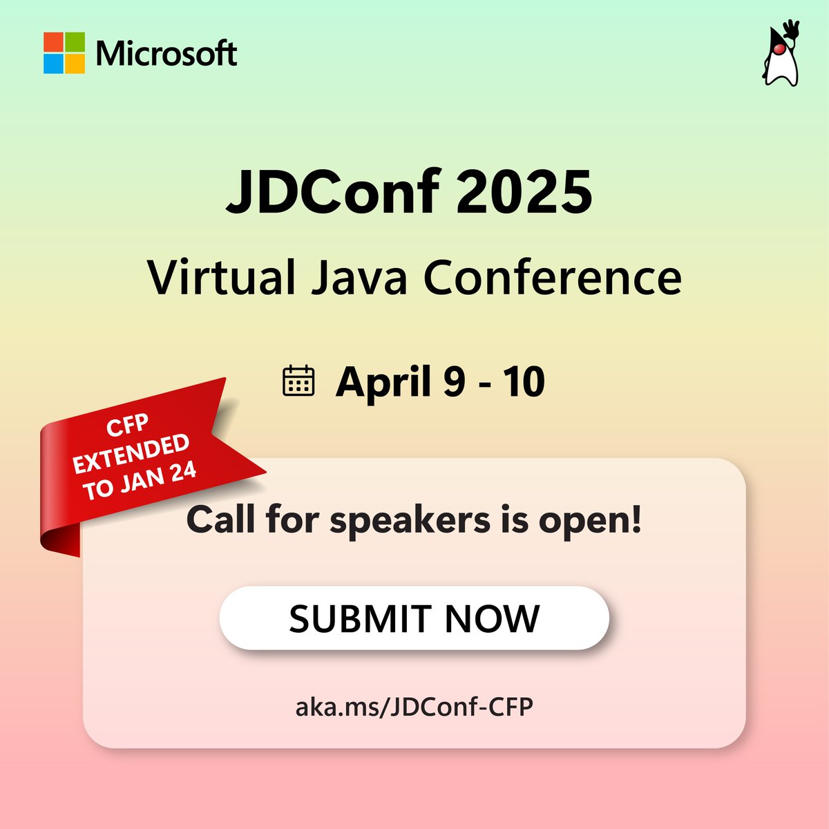 JavaAtMicrosoft's tweet image. Thank you for amazing session submissions so far! 🚀 We’re still looking for more inspiring talks to shape the future of Java and AI. Good news – the CFP is now extended to Jan 24! Submit today: aka.ms/JDConf-CFP

#Java #AI #Spring #JakartaEE #JDConf