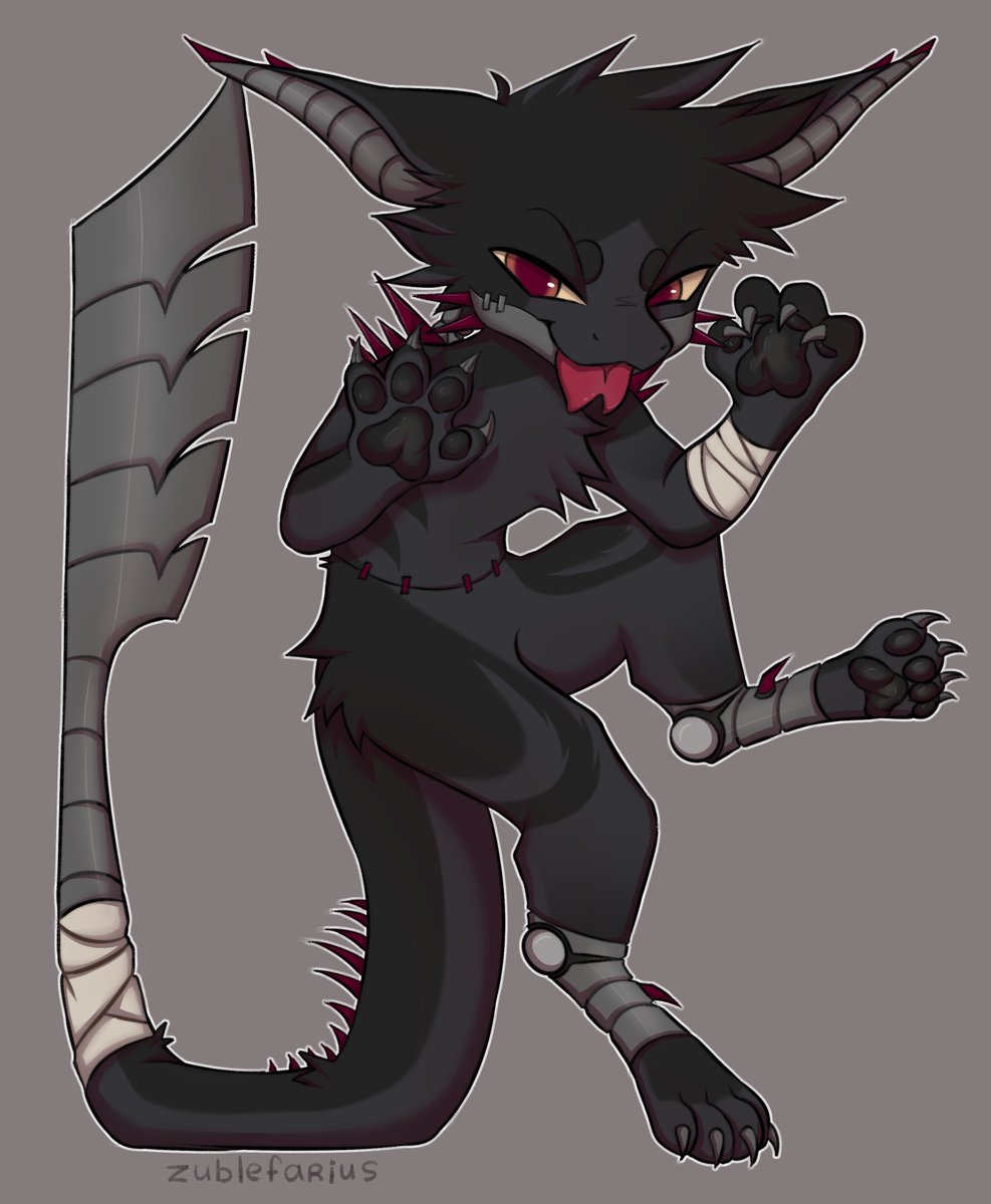 My character Jayzer!  
His jaw is mechanical and his tail is a blade. Also he almost always smiles with hies teeth :)

#furry #furryart