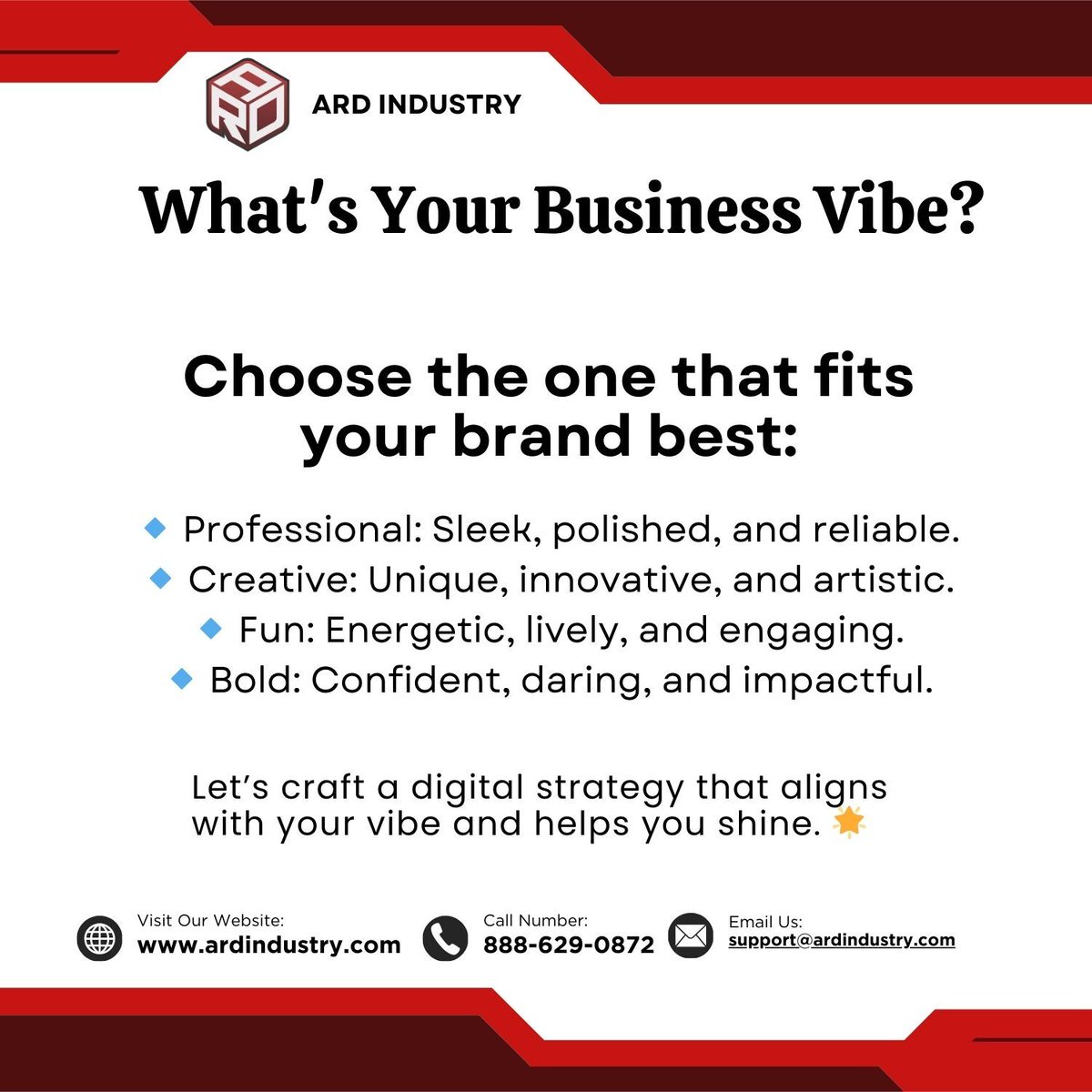 👉 Comment below with your vibe! Need help defining your brand? Visit ardindustry.com for expert advice.
#BusinessBranding #FindYourVibe #ARDIndustry #StandOut