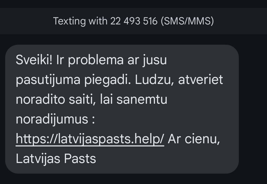Gandrīz noticēju.
Neuzķerieties!
Vispirms prasa datus ievadīt, pēc tam neuzkrītošs maksājums par 60 centiem.
Īsziņa no Latvijas numura un adrese ar HTTPS
<a href="/Latvijas_Pasts/">Latvijas_Pasts</a> , <a href="/elnormous/">Elviss Strazdiņš 🇱🇻 🇺🇦</a>