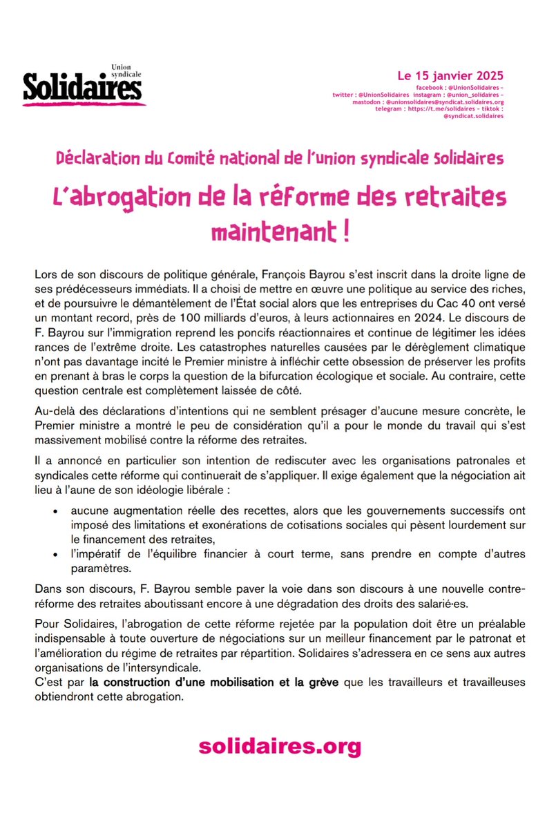 📣Déclaration du Comité national de l'Union syndicale Solidaires suite au discours de politique générale du 1er ministre.
L’abrogation de la réforme des retraites maintenant ! 

Ce discours s'inscrit dans la continuité de ses prédécesseurs, avec une politique toujours favorable