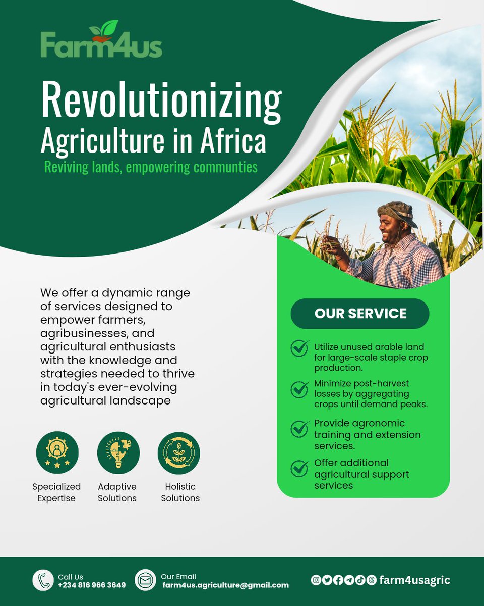 Farm4usAgric's tweet photo. Revolutionizing Agriculture in Africa! 🌱 Together, we’re reviving lands and empowering communities.

Our dynamic range of services equips farmers, agribusinesses, and agricultural enthusiasts with the tools and strategies they need to thrive https://t.co/OHrCxRWACb