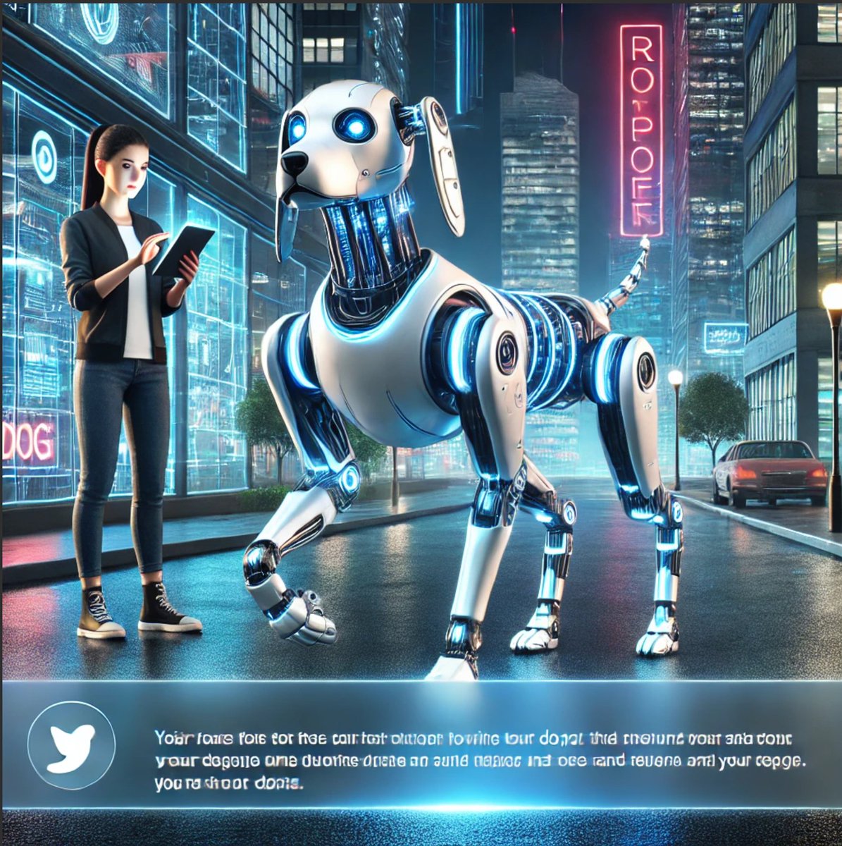 Title: "Robotic Dog in Action 🌌🐾"
Caption:
"Lighting up the city and hearts! This robotic dog combines cutting-edge tech with real-world utility, making it the perfect companion for modern adventurers. 🌃
#Robotics #AICompanion #SmartTech #FutureCities"
