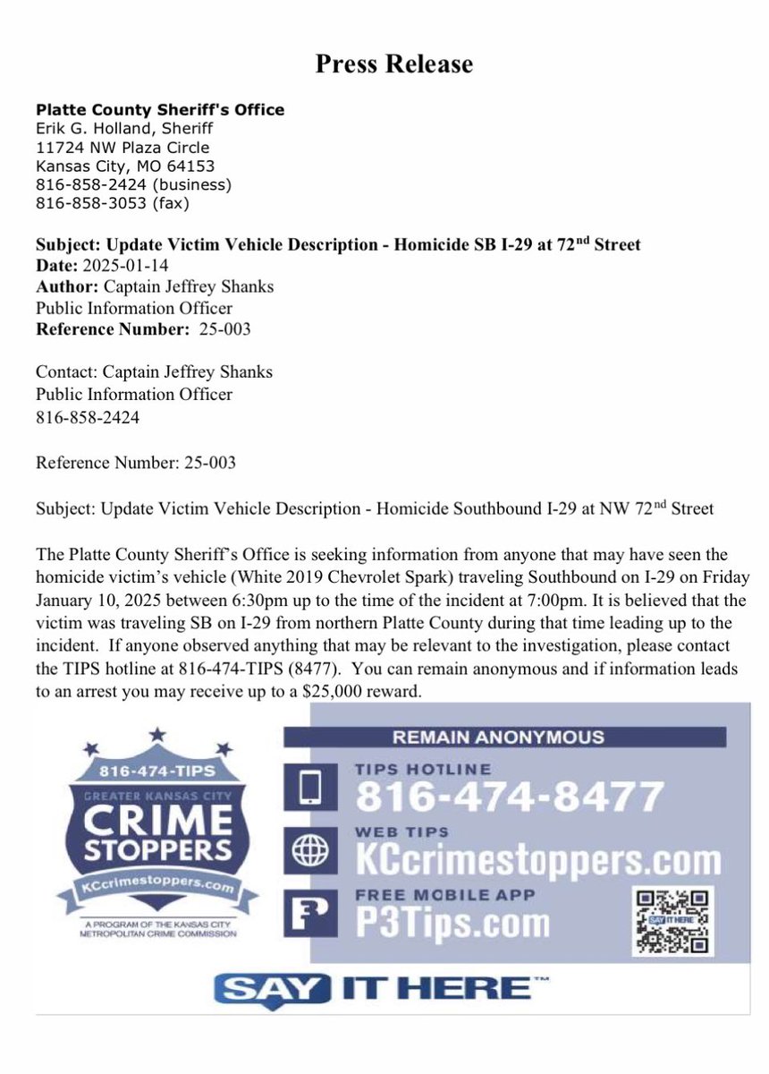 Greater KC Crime Stoppers TIPS Hotline (@kccrimestop) on Twitter photo 👉 From $2K to $25K 👈
Update on reward amount for information that leads to an arrest in this case!!
<a href="/kcpolice/">kcpolice</a> <a href="/PlatteCoSheriff/">Platte Co Sheriff</a> <a href="/kcmetrocrime/">Kansas City Metropolitan Crime Commission</a> <a href="/SheriffClayCo/">Clay County, Missouri Sheriff</a> 👉 From $2K to $25K 👈
Update on reward amount for information that leads to an arrest in this case!!
<a href="/kcpolice/">kcpolice</a> <a href="/PlatteCoSheriff/">Platte Co Sheriff</a> <a href="/kcmetrocrime/">Kansas City Metropolitan Crime Commission</a> <a href="/SheriffClayCo/">Clay County, Missouri Sheriff</a>