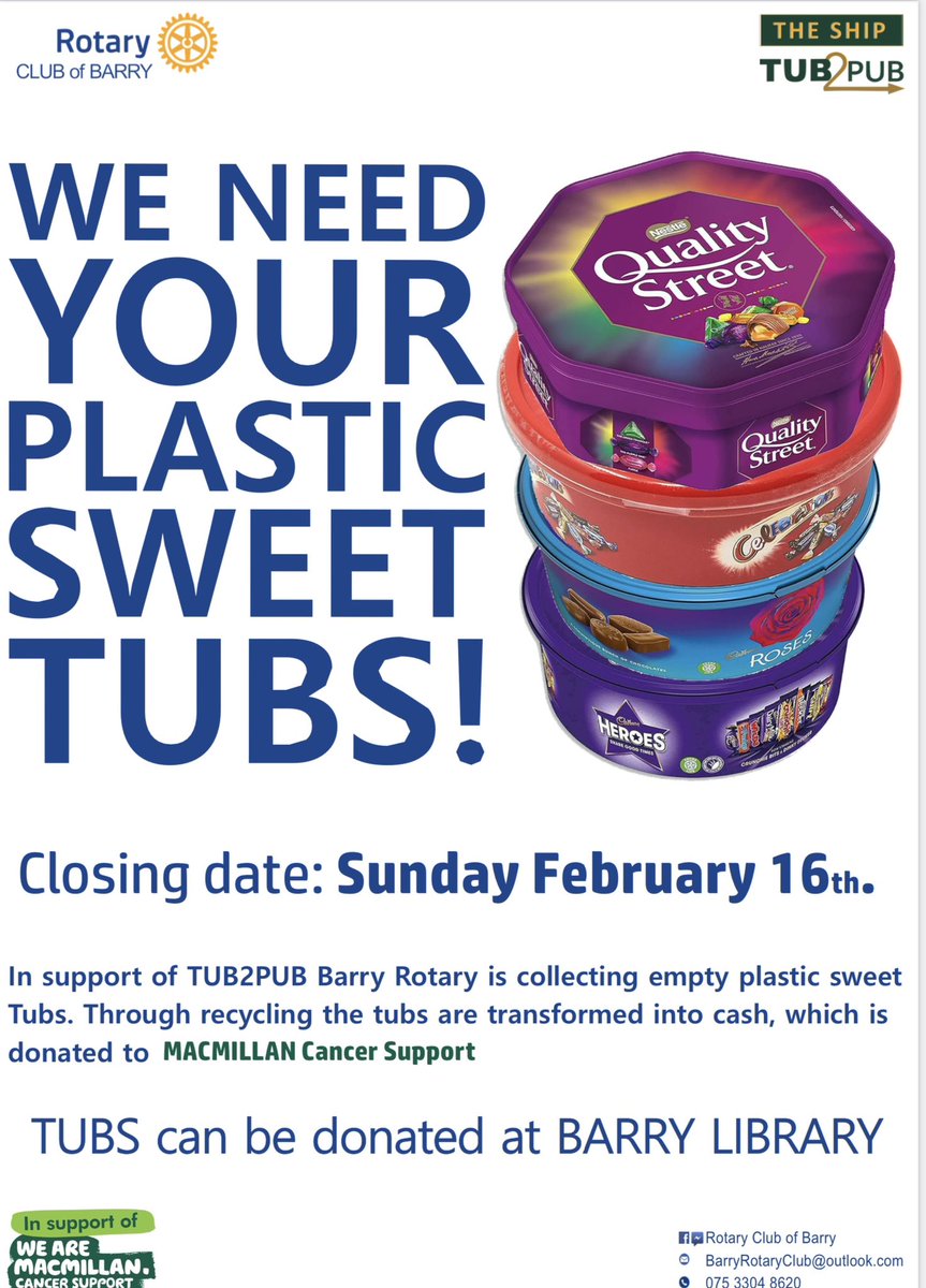 BarryLibrary's tweet image. RYDYM ANGEN EICH TYBIAU LOSIN PLASTIG!
Dyddiad cau: 16/02/25
I gefnogi TUB2PUB, mae Rotary y Barri yn casglu tybiau losin plastig gwag. Trwy ailgylchu caiff y tybiau eu trawsnewid yn arian parod, a roddir i Gymorth Canser Macmillan. Gellir rhoi tybiau yn Llyfrgell y Barri.