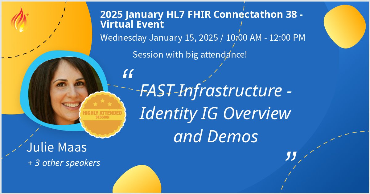 JulieWMaas's tweet image. Gave a talk at 2025 January HL7 FHIR Connectathon 38 - Virtual on FAST Infrastructure - Identity IG Overview and Demos. Thanks for the great turnout! We will get the Overview &amp;amp; Tiered OAuth slides posted to the track page shortly. #hl7 #FHIR @hl7 @udapTools