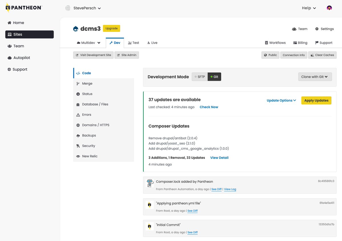 stevector's tweet image. It is working! Now that 1.0.0 is out for #DrupalCMS, the demo site I created yesterday in the @getpantheon dashboard is showing updates from rc1 to 1.0.0