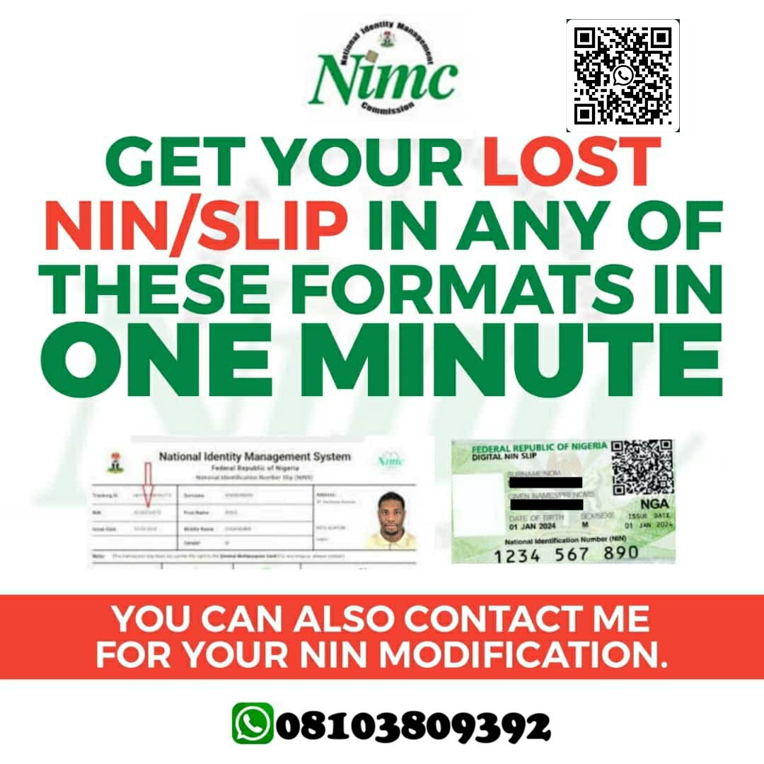 DamiDONSIA's tweet photo. Contact For Your :
🗣️NIN REGISTRATION (REMOTELY “NON APPEARANCE")
🗣️NIN RETRIEVAL (RETRIEVING OF LOST NIN SLIP) 
🗣️NIN VALIDATION
🗣️NIN IPE CLEARANCE 
🗣️NIN MODIFICATION (CORRECTIONS OF NAME, DATE OF BIRTH, PHONE NUMBER AND EMAIL) https://t.co/Gg90FcJPwf