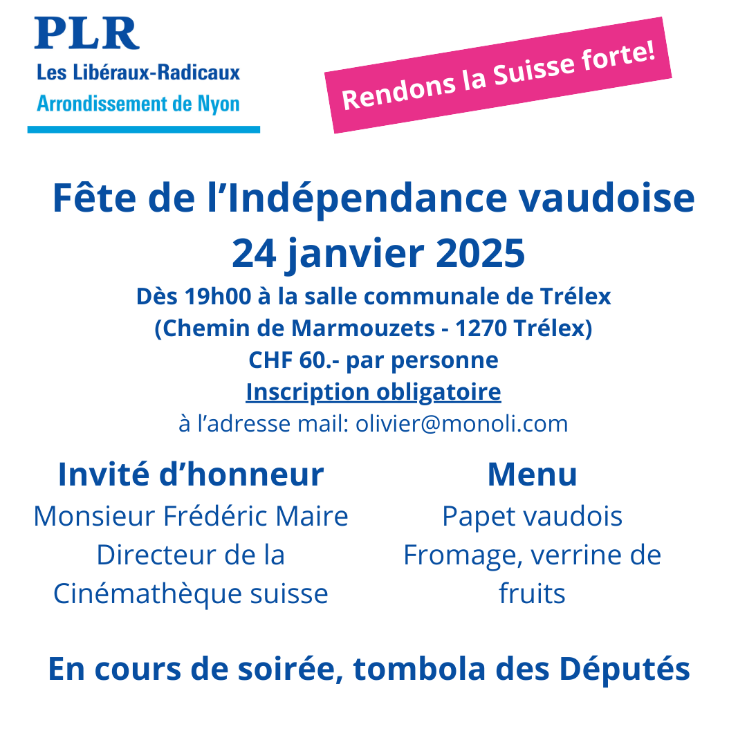 plrlacote's tweet photo. Le #PLRLaCôte vous invite au traditionnel repas du 24 janvier. Cette année, nous serons à Trélex. Le programme de la soirée:
👉 19h00: apéritif offert
👉 19h30: Allocution de l’invité: Monsieur Frédéric Maire, Directeur de la Cinémathèque suisse. https://t.co/ccaPAU8xwD