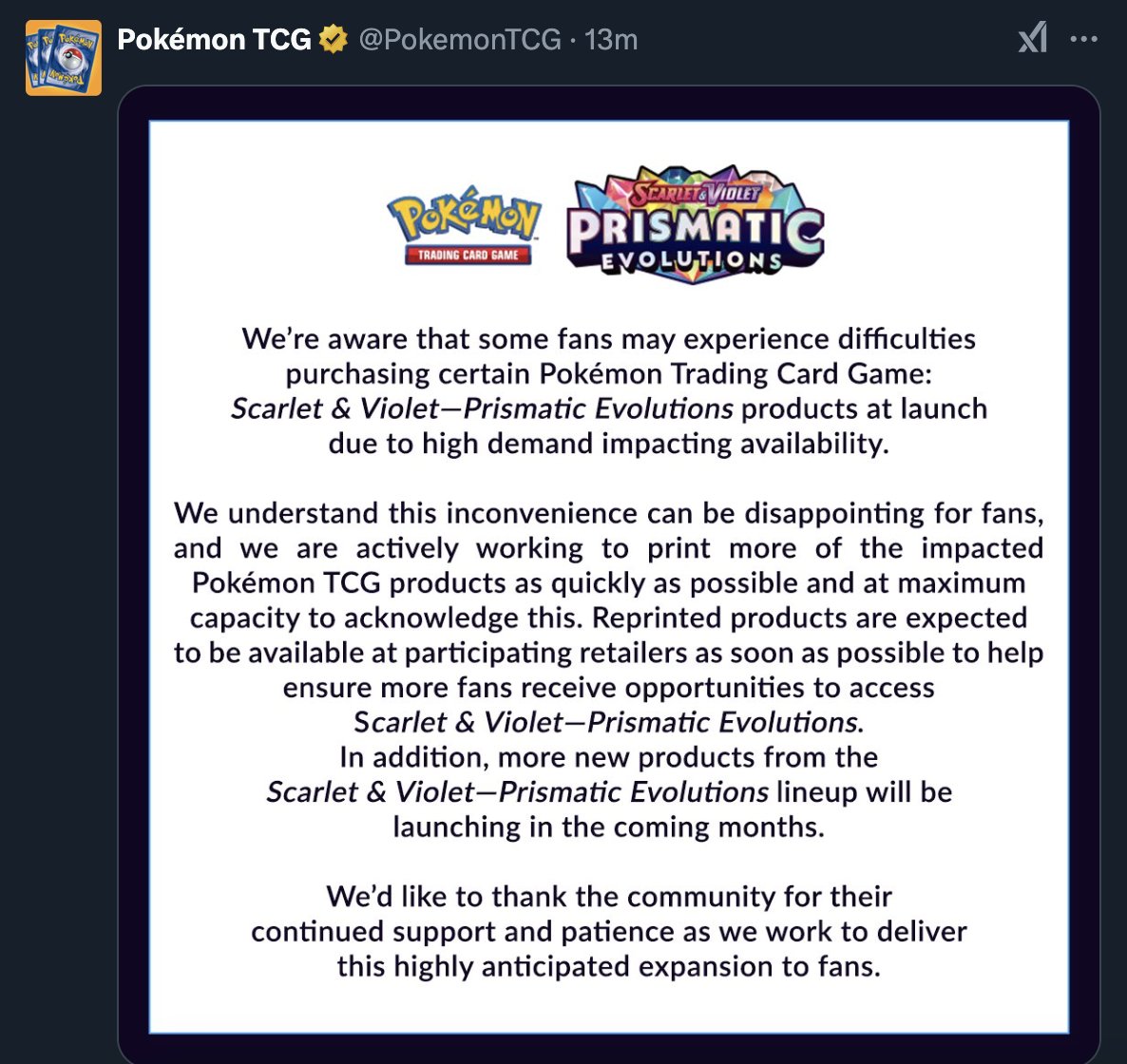 Pokemon has officially announced they will be printing more product to  combat the Prismatic Evolutions shortages! #PokemonTCG