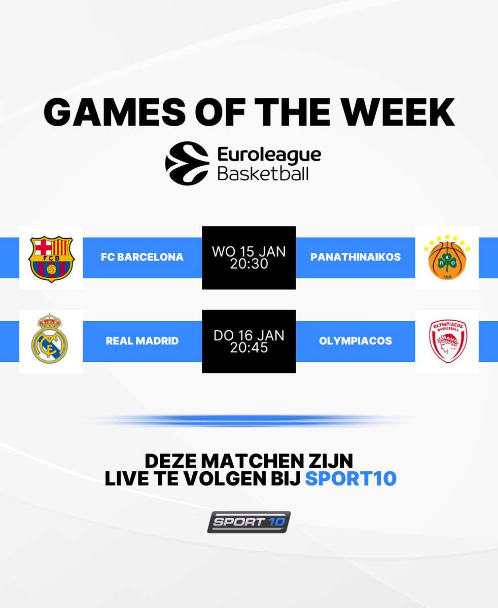 Deze week kan je zowel de nummer één (Olympiakos) als de nummer twee (Panathinaikos) van de EuroLeague in actie zien op Sport10! 

📺 Vanavond zenden we Barcelona vs Panathinaikos uit, morgen kan je genieten van Real Madrid vs Olympiakos.
