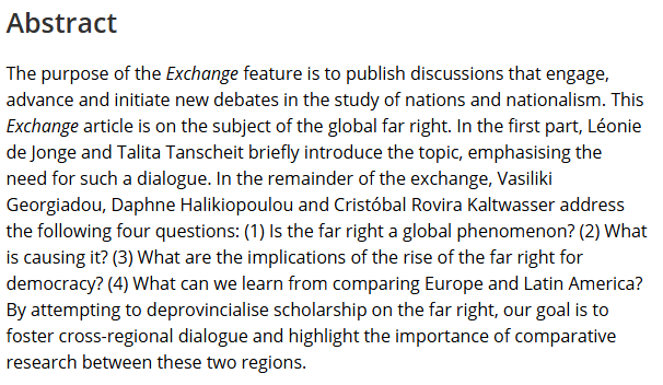 Nations & Nationalism (@n_nationalism) on Twitter photo Our next #earlyview piece is an exchange asking "Is the far right a global phenomenon?". <a href="/L_deJonge/">Léonie de Jonge / @leoniedejonge.bsky.social</a>, <a href="/VasGeorgiadou/">Vasiliki Georgiadou</a>, @Halikiopoulou, Cristóbal Rovira Kaltwasser, & Talita Tanscheit compare Europe and Latin America at onlinelibrary.wiley.com/doi/10.1111/na… - and it's #openaccess! Our next #earlyview piece is an exchange asking "Is the far right a global phenomenon?". <a href="/L_deJonge/">Léonie de Jonge / @leoniedejonge.bsky.social</a>, <a href="/VasGeorgiadou/">Vasiliki Georgiadou</a>, @Halikiopoulou, Cristóbal Rovira Kaltwasser, & Talita Tanscheit compare Europe and Latin America at onlinelibrary.wiley.com/doi/10.1111/na… - and it's #openaccess!
