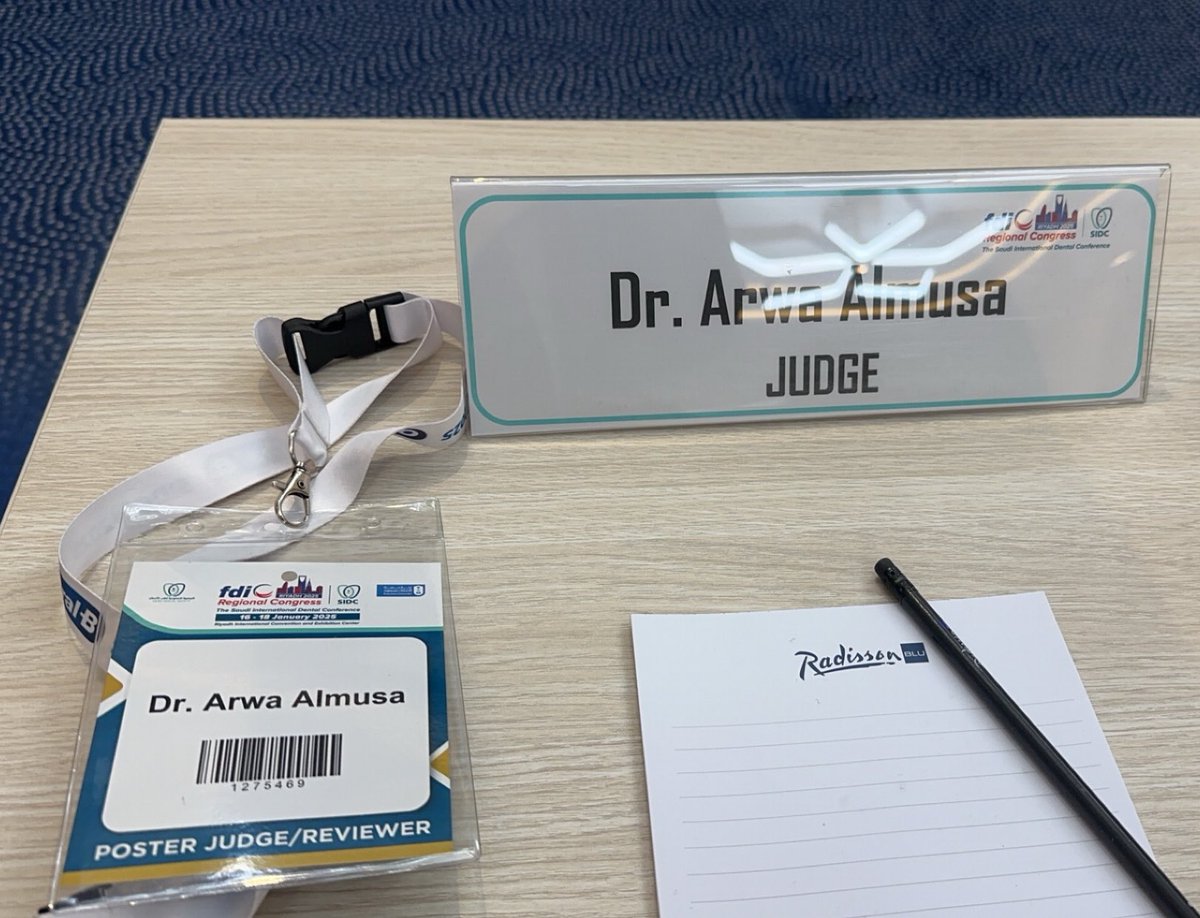 سعدت بالمشاركة في تحكيم الأبحاث المتأهلة للتصفيات النهائية في عرض المسابقات البحثية المصاحبه للمؤتمر الاقليمي للاتحاد العالمي لطب 
الأسنان

شكرا للجنة المنظمة على الدعوة الكريمة و التنسيق الرائع 
<a href="/DentalSaudi/">Saudi Dental Societyالجمعية السعودية لطب الأسنان</a>