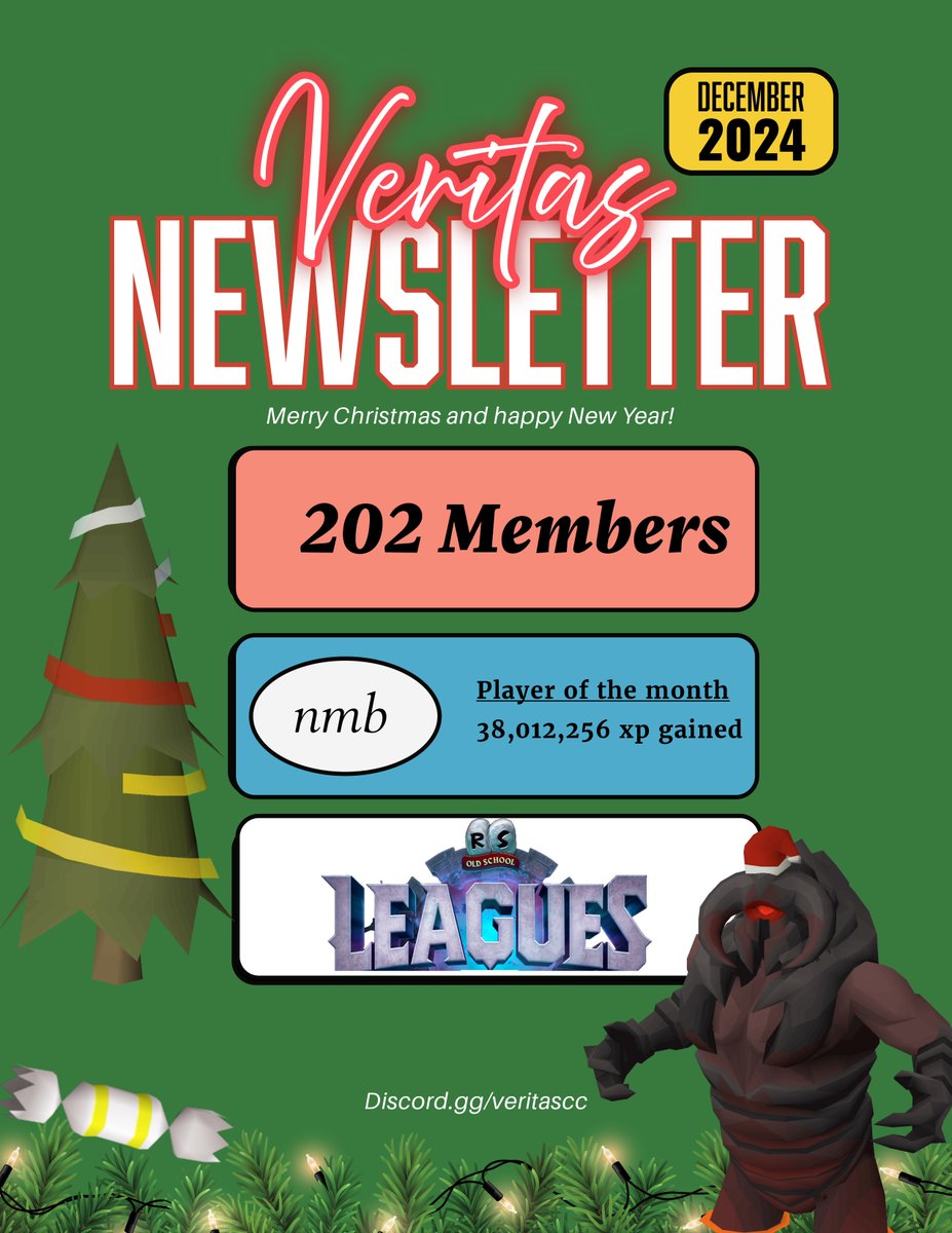 VeritasOSRS's tweet photo. Happy New Years from the Veritas Community! 🎉🥳

just a quick little update from our Newsletter in December.

A lot of new faces, pets, and achievements over on this side! Feel free to stop by and hang out with the crew! You can find our discord link in our Bio 😄 https://t.co/VO0I23Qgi2