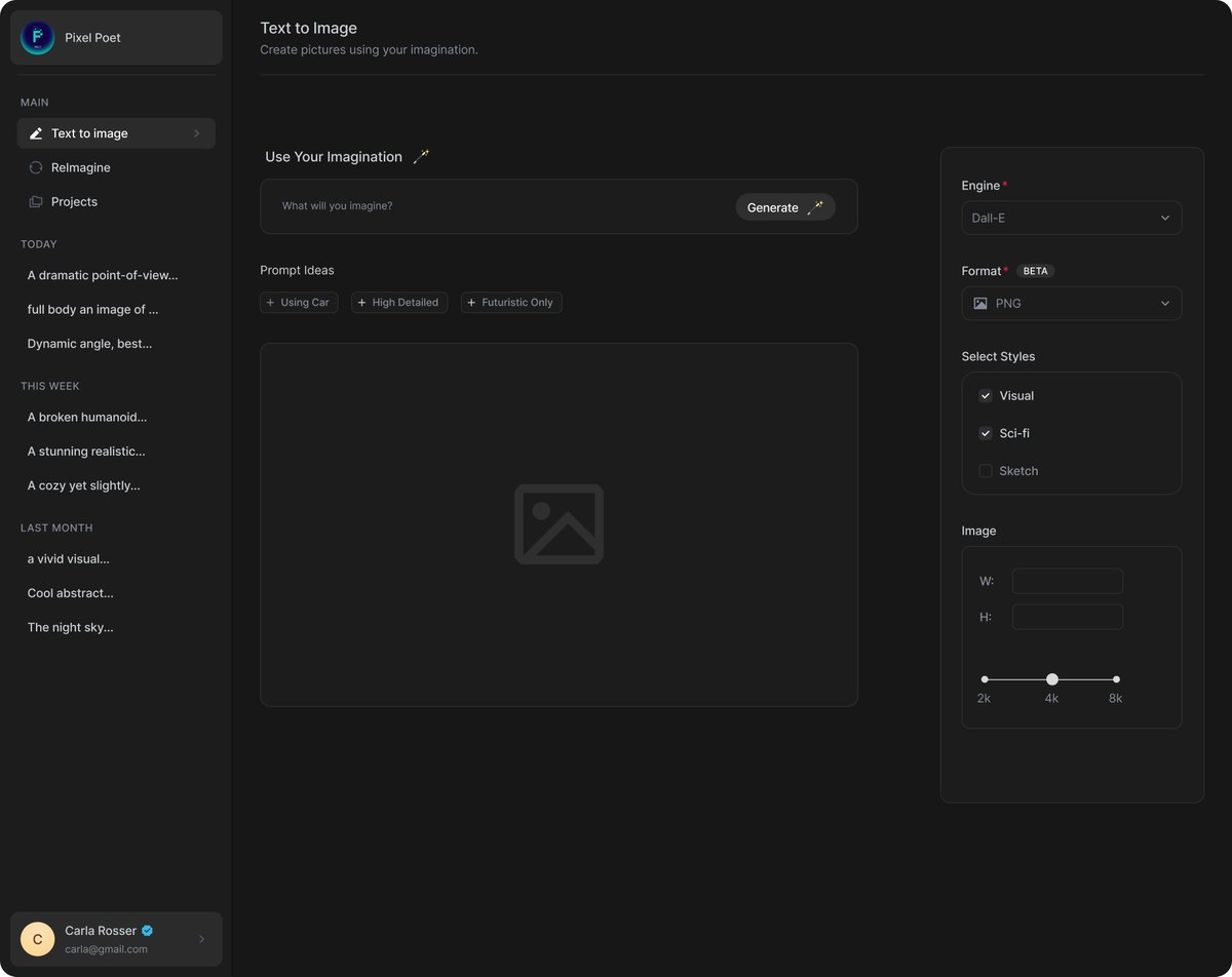 Pixel Poet Text to Image Dashboard Ui Dark