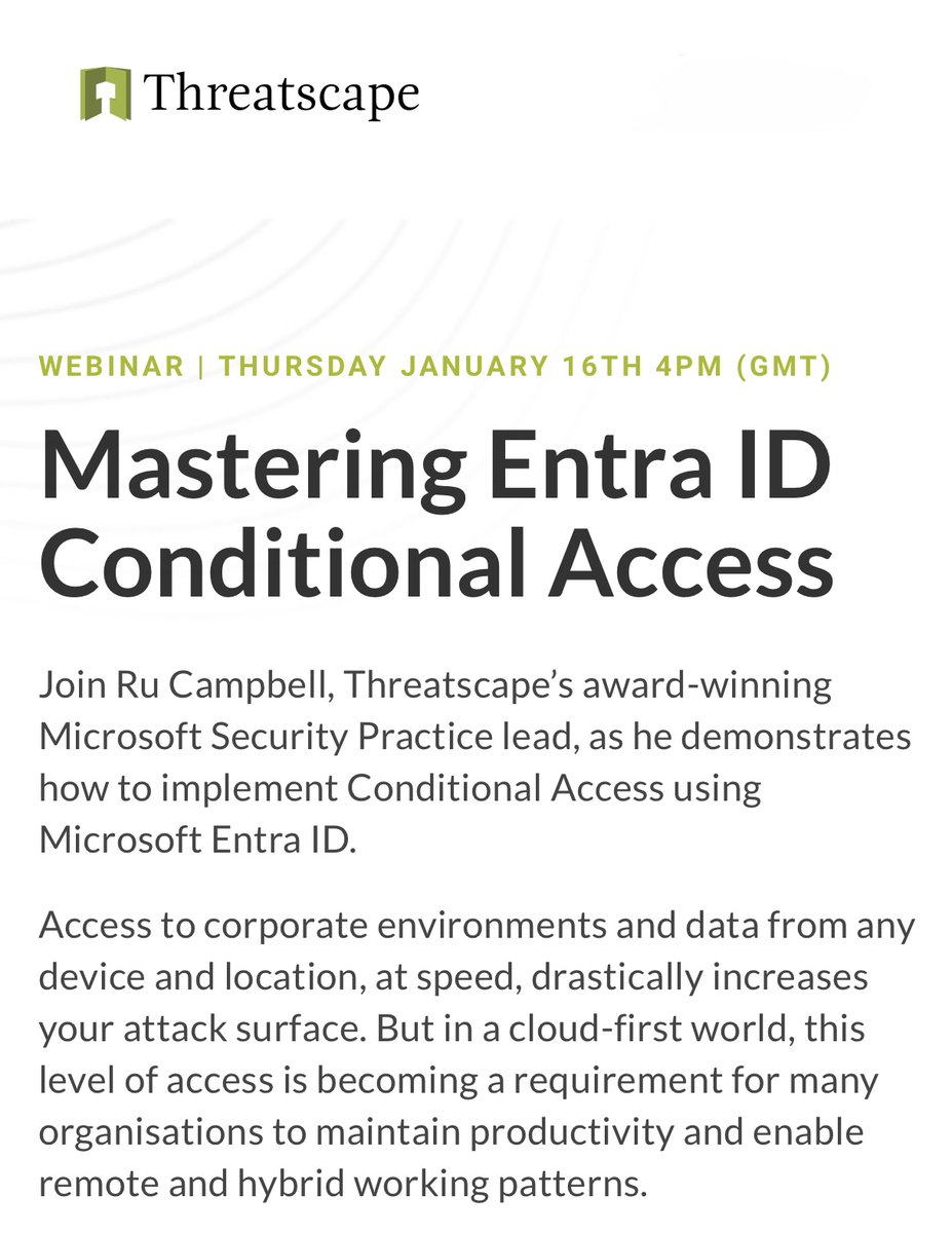 Few more seats just opened: <a href="/Threatscape/">Threatscape</a> Mastering Conditional Access, 16 January

• CA's good, bad, and ugly
• Design and architecture fundamentals
• Avoid common mistakes
• Red team tool defense explored (including new compliance bypass)

REGISTER: threatscape.com/mastering-entr…