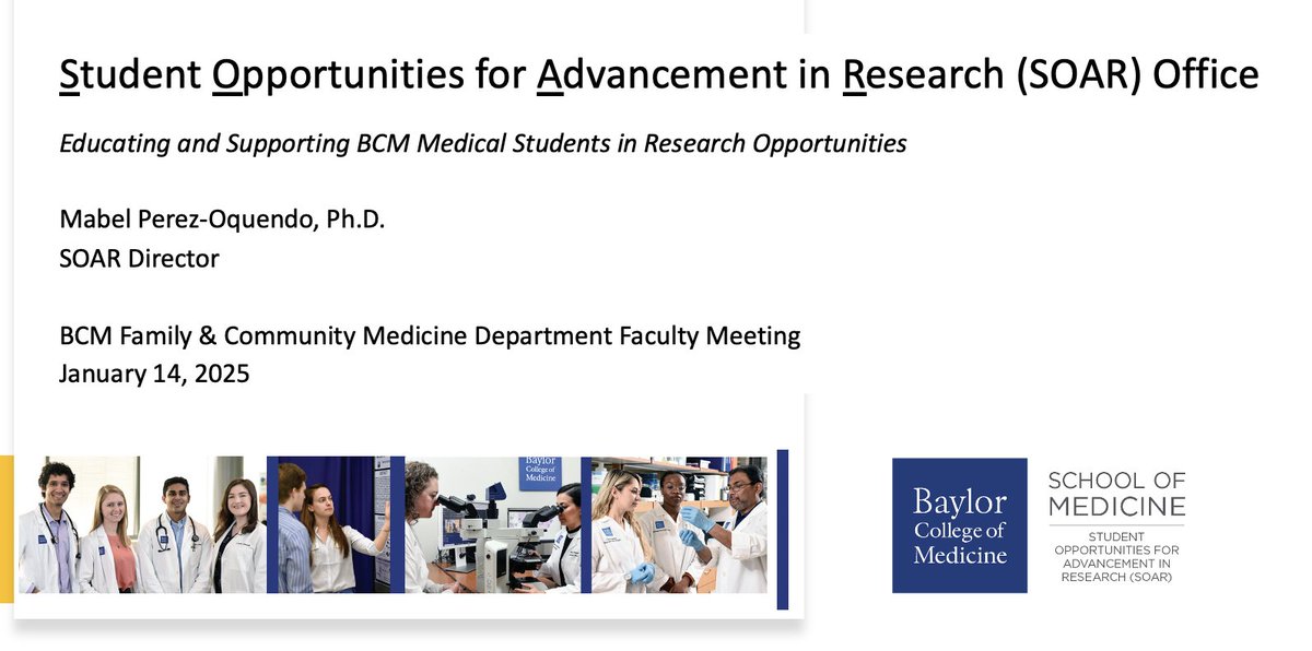 BCM_SOAR's tweet image. SOAR presented to +80 @BCMFamilyMed faculty members, highlighting how they can serve as research mentors for medical students.
Congrats to their SOAR Research Mentor Champions for fostering research opportunities and advancing our shared mission of education and innovation! 👏